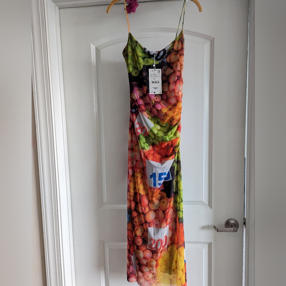 ZARA WATERCOLOR VIBRANT FLORAL FRUIT PRINT MESH MIDI SHEATH SLIP DRESS Size S - Picture 5 of 14